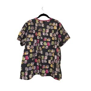 Scrub HQ Owl Print V Neck Scrub Top Women's Short‎ Sleeve Pink Trim